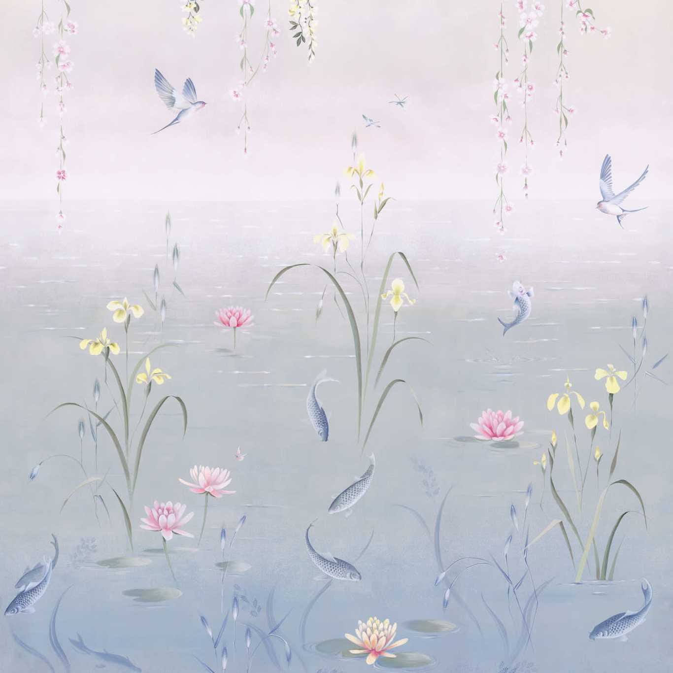 Tapete Water Garden - Soft Jade/ Pink Blossom