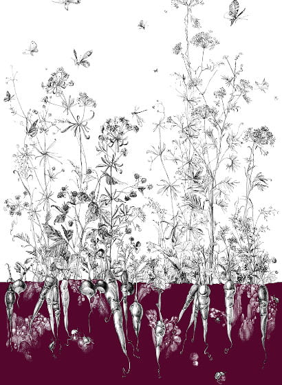 Tapete Lièvres/Fenouil/Tournesol - Aubergine - Fenouil Sauvage Droit - Aubergine
