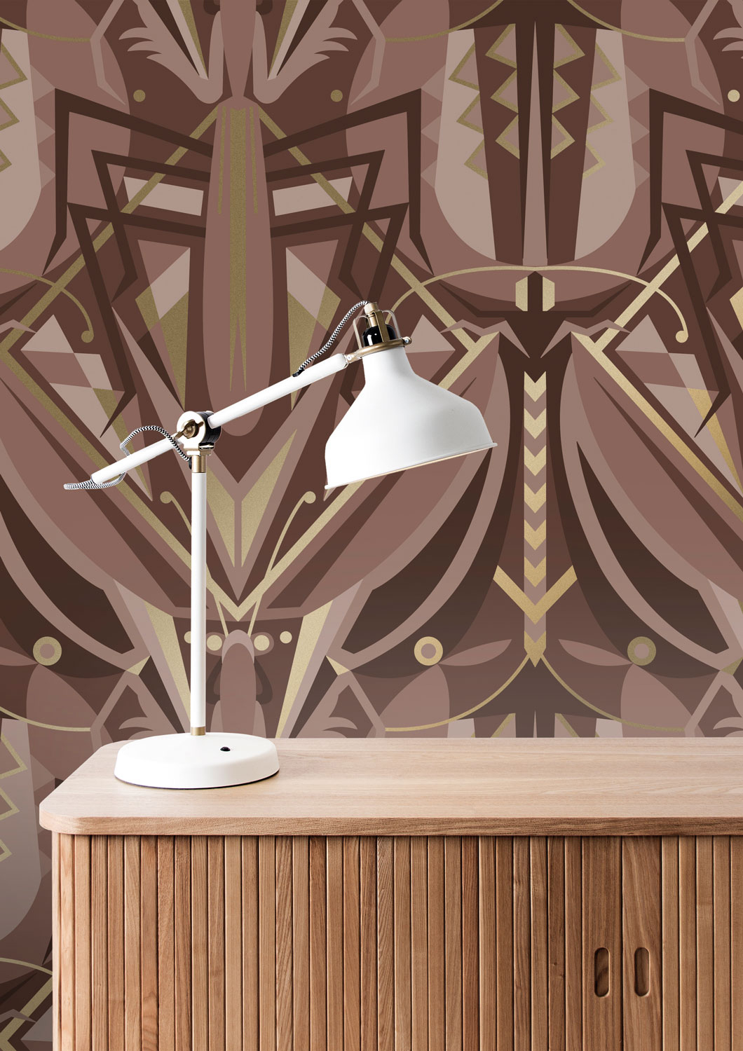 Tapete Art Deco Animaux Grasshopper Gold - Taupe
