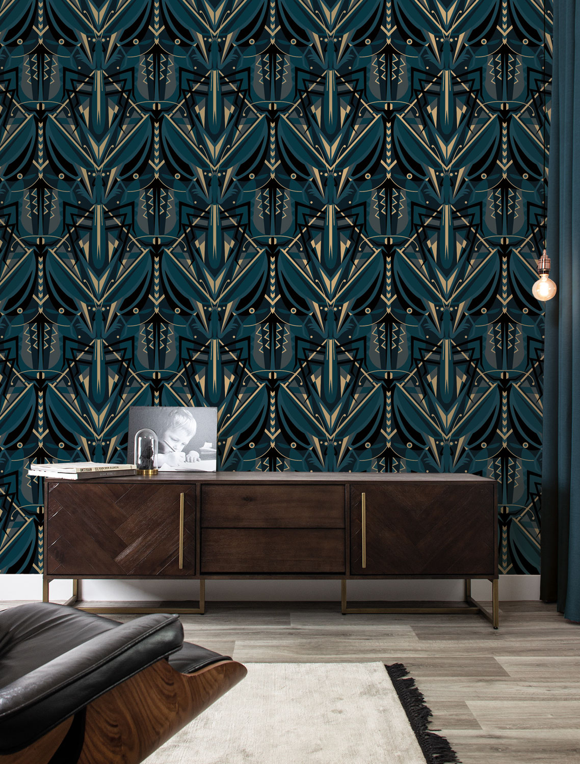 Tapete Art Deco Animaux Grasshopper Gold - Blue