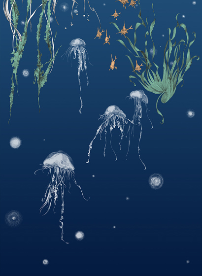 Tapete Nautilus/Méduses/Nénuphars - Marine - Méduses gauche - Marine