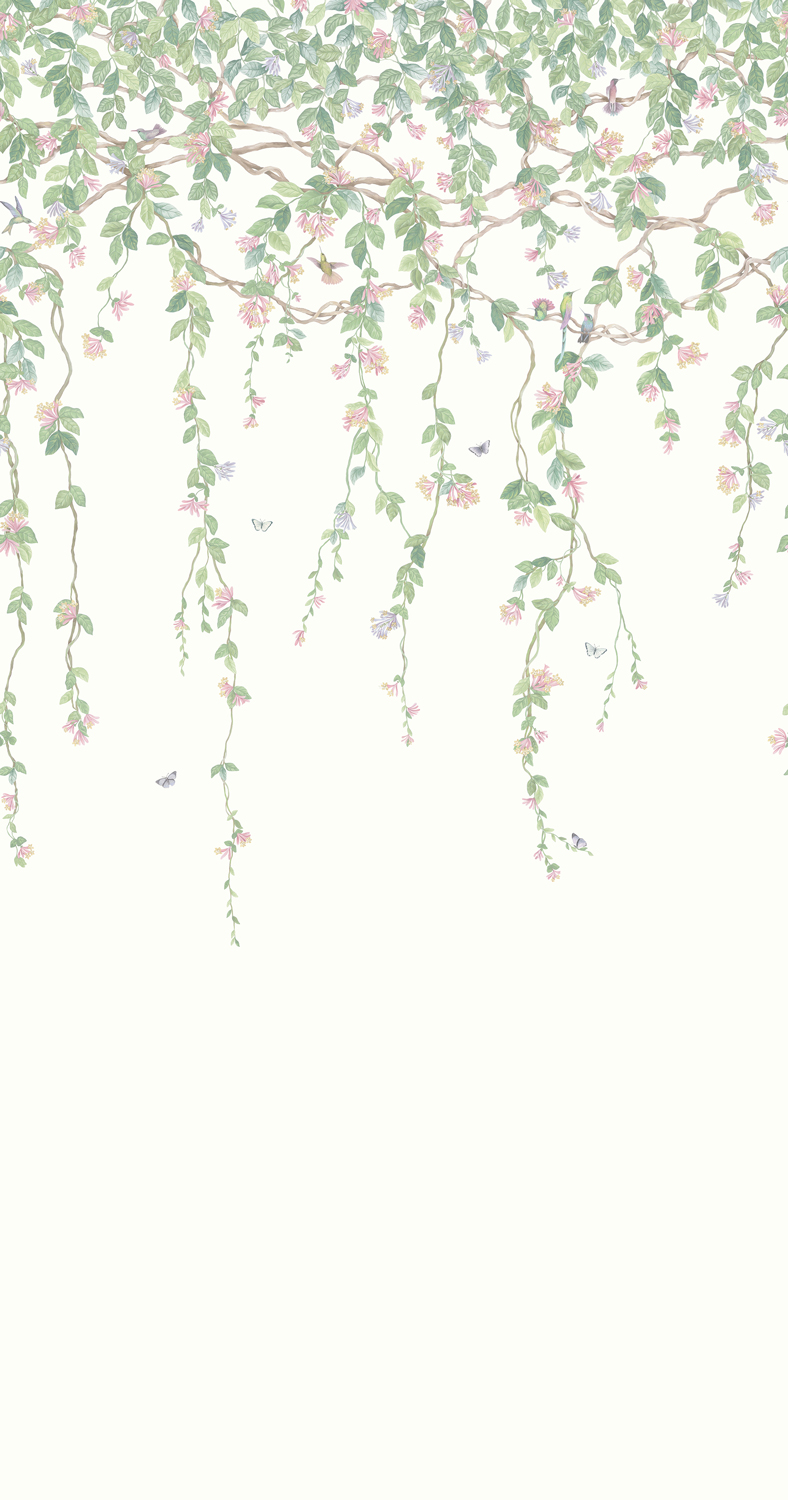 Tapete Hummingbirds Flora - Blush Sage/  Mulberry on Cream