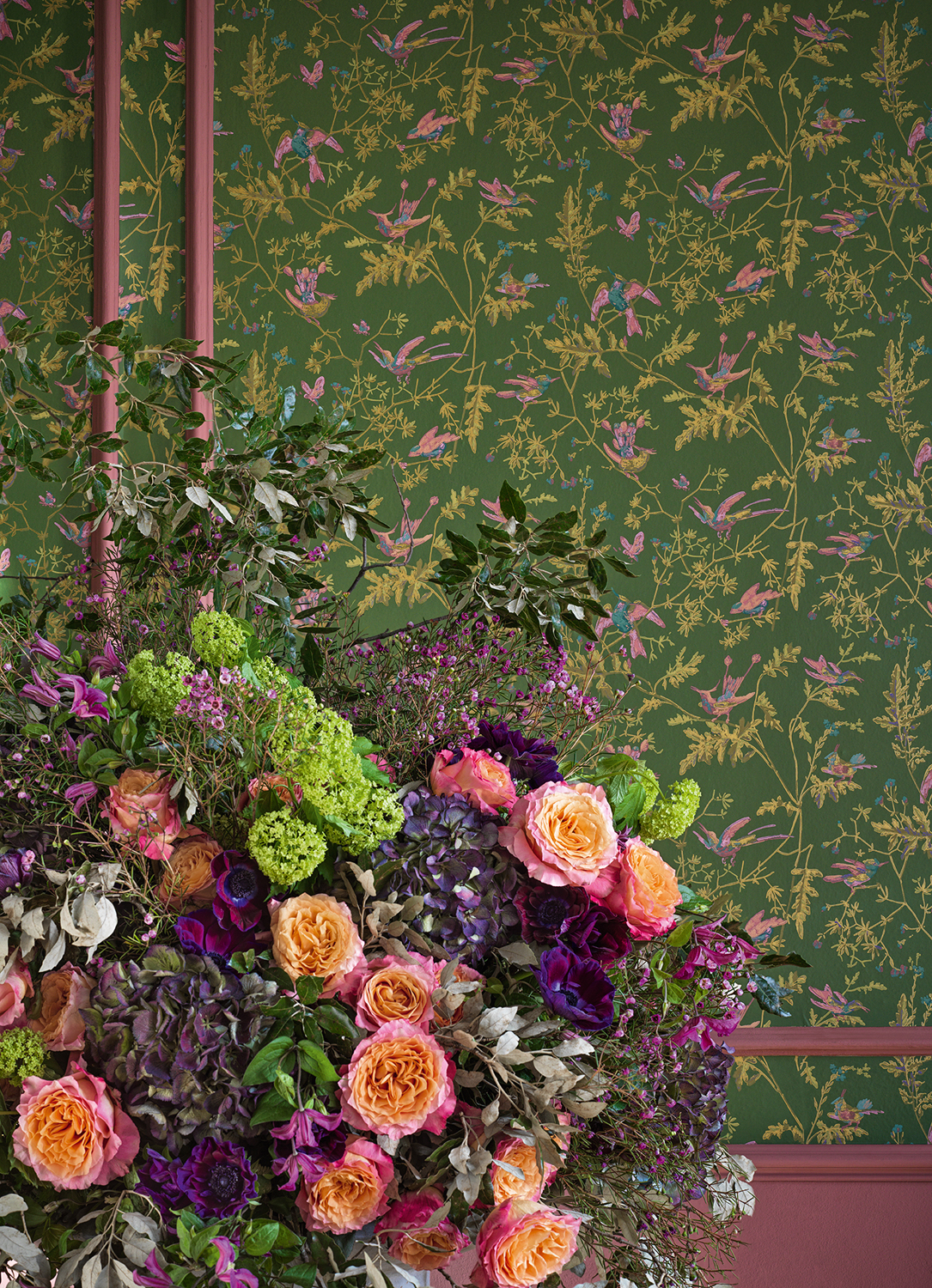 Tapete Hummingbirds - Fuchsia on Racing Green