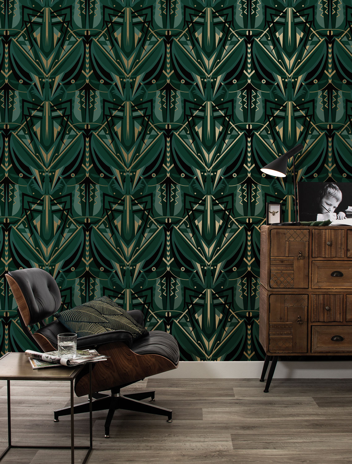 Tapete Art Deco Animaux Grasshopper Gold - green