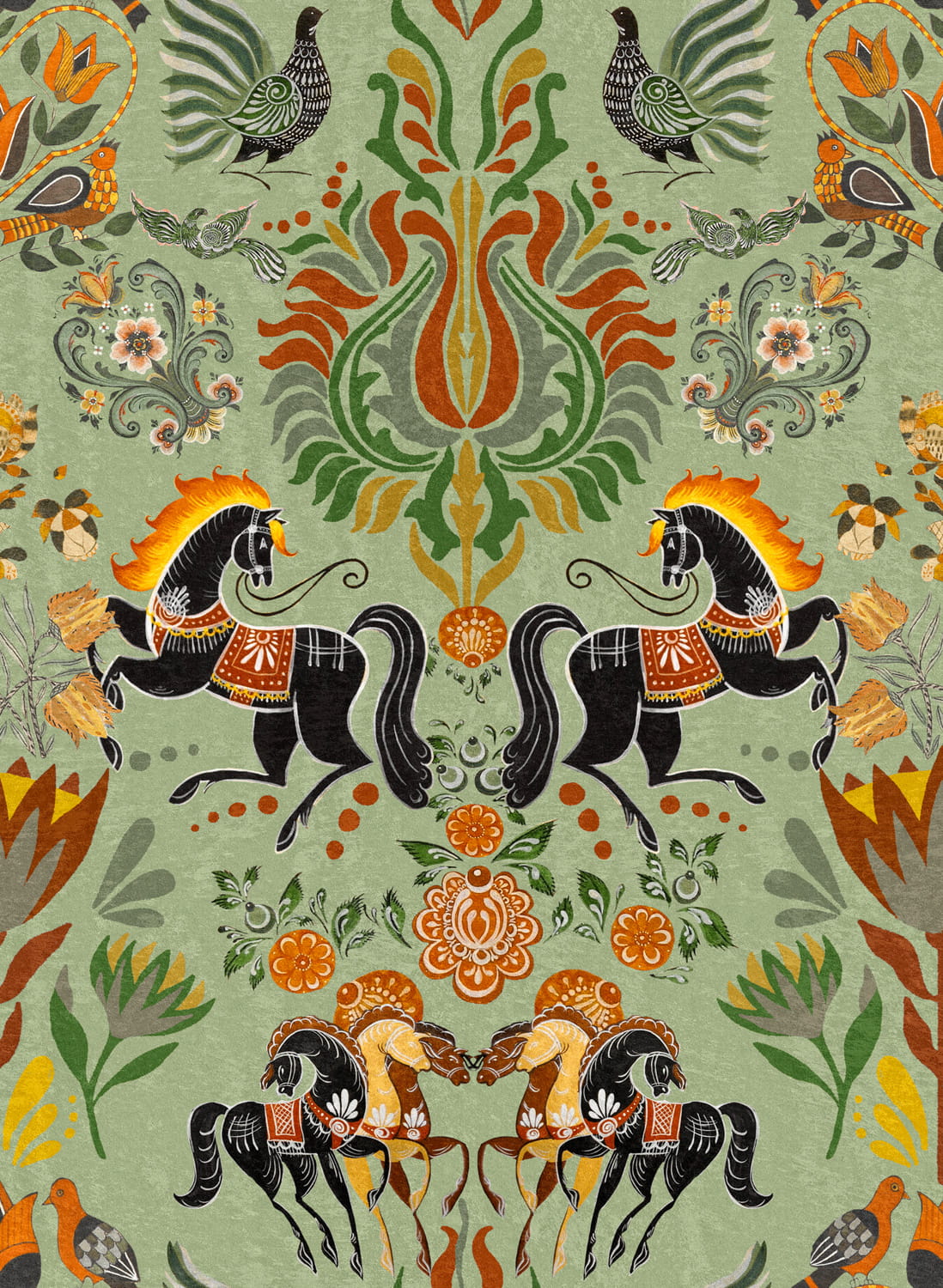 Tapete The Folk Parade - Black/ Green/ Taupe/ Red/ Yellow