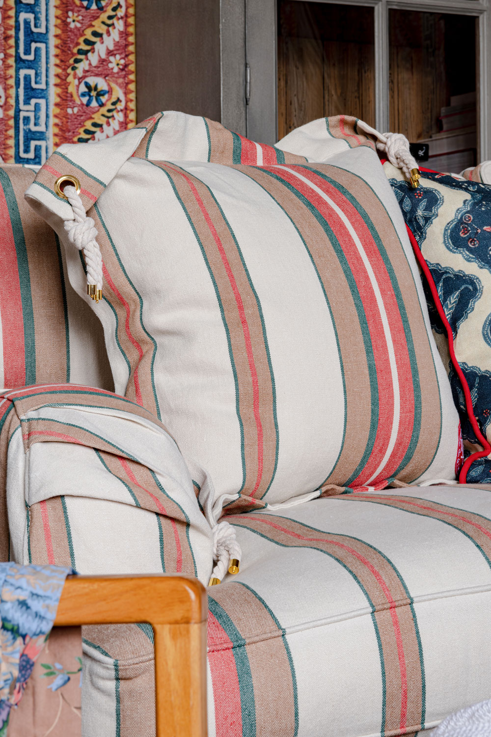 Herina Stripe Cushion - Brown/ Green/ White/ Tassel - 50x50cm