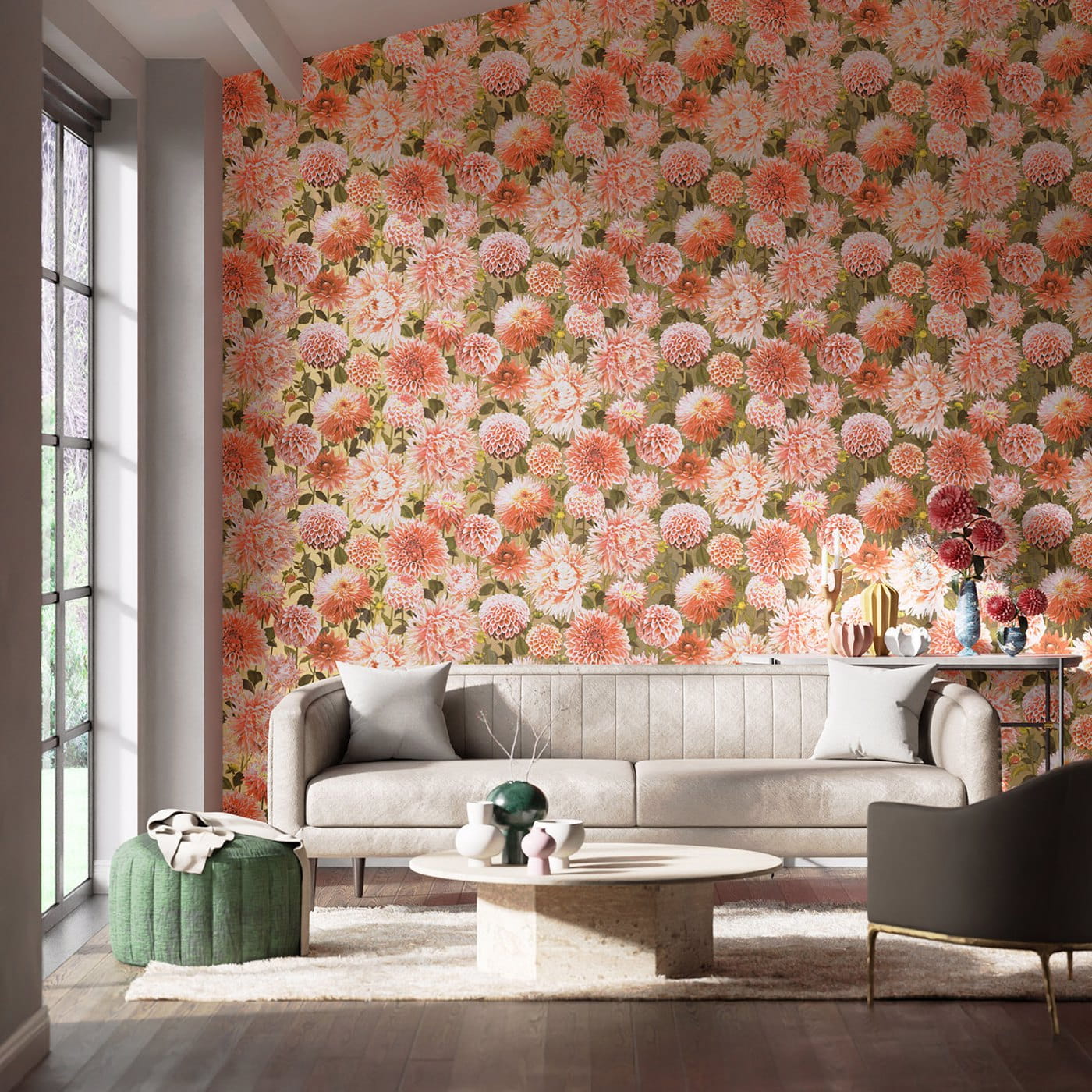 Tapete Dahlia - Coral/ Fig Leaf/ Gilver