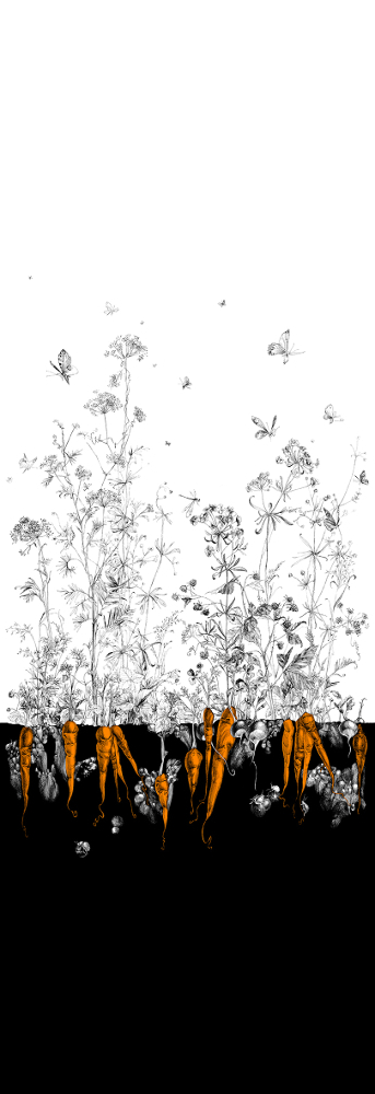 Tapete Lièvres/Fenouil/Tournesol - Noir Orange - Fenouil Sauvage Gauche - Noir Orange Doré