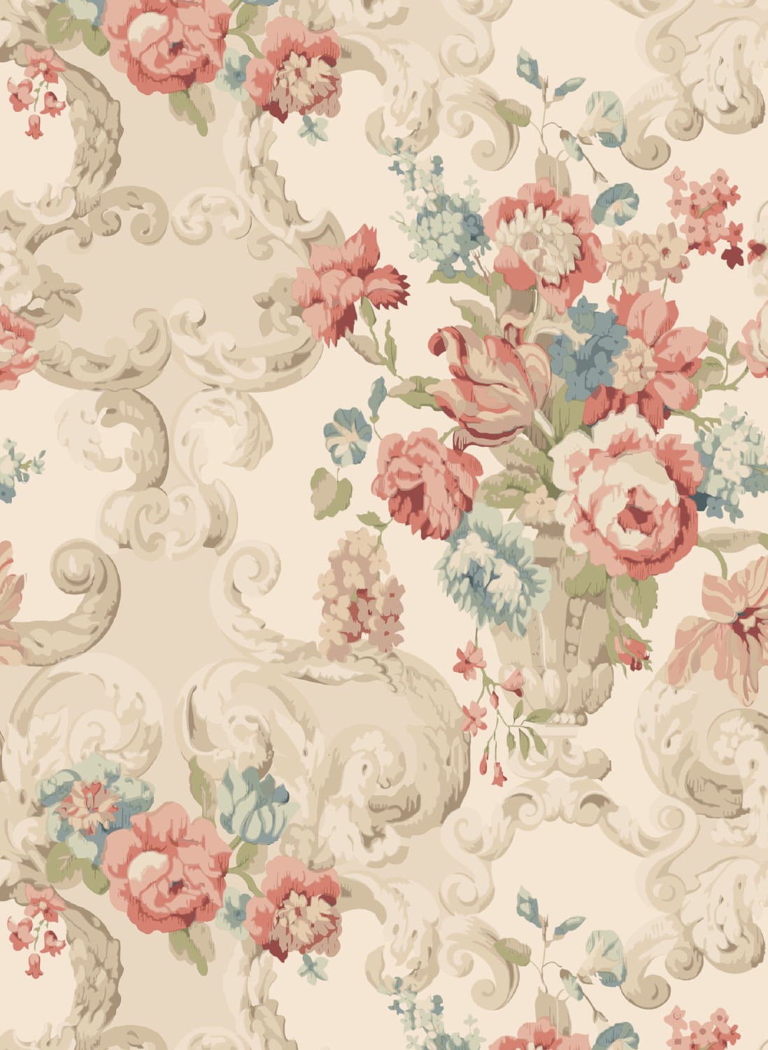 Tapete Floral Rococo - Red/ Green