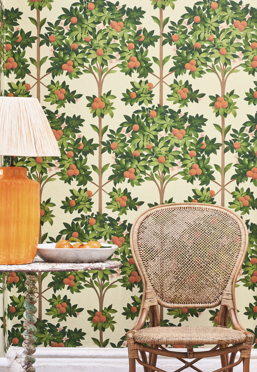Tapete Orange Blossom - Orange/ Spring Green on Parchment