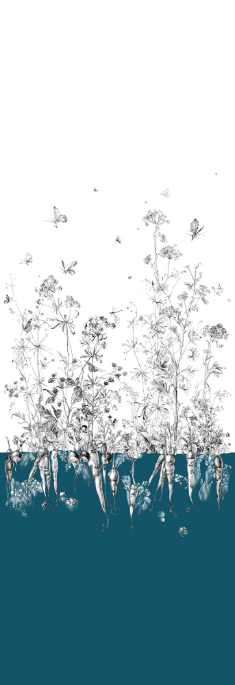 Tapete Lièvres/Fenouil/Tournesol - Bleu - Fenouil Sauvage Droit - Bleu