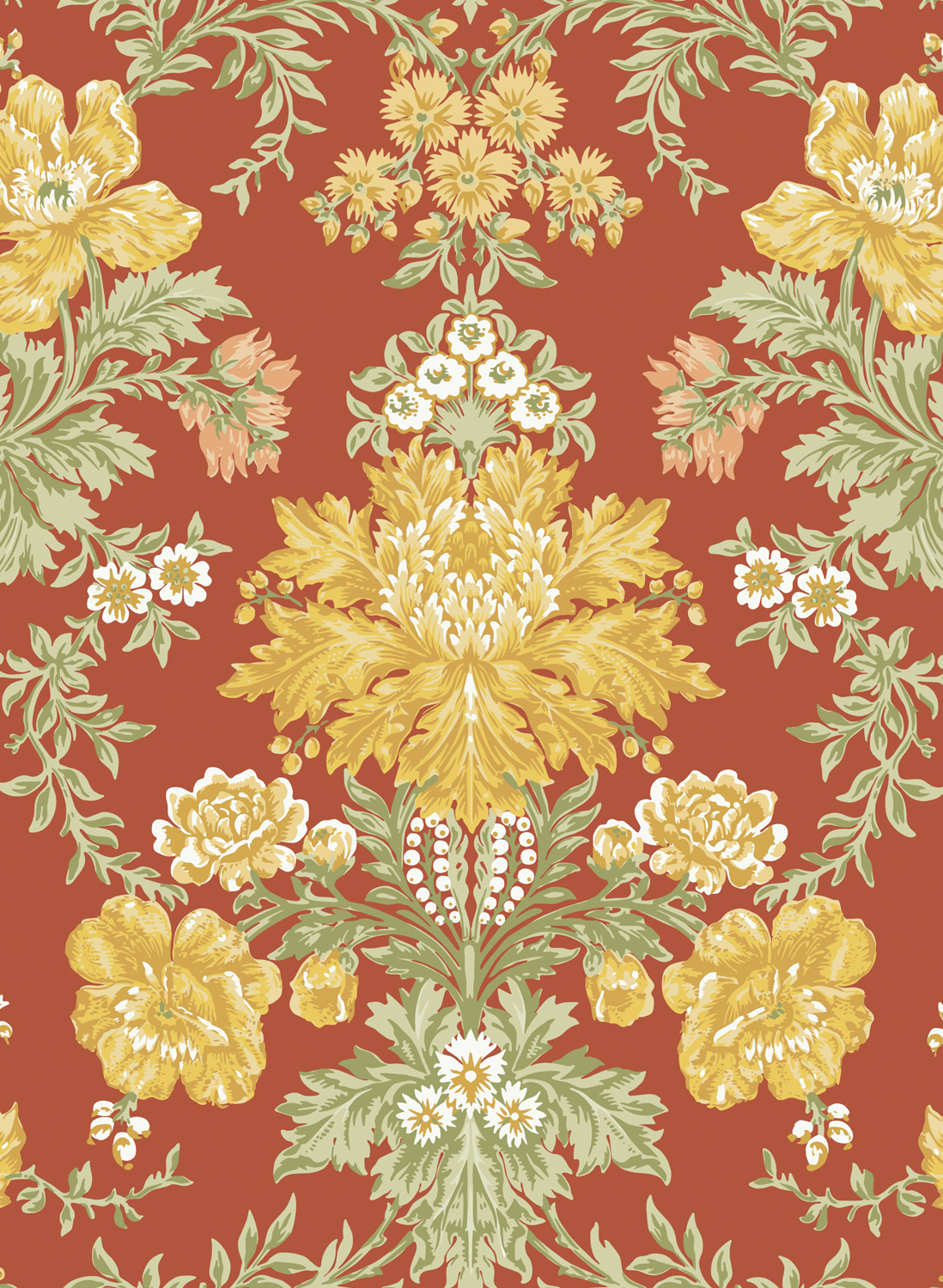 Tapete Poppies - Soft Yellow/ Cream and Spring Green on Terracotta