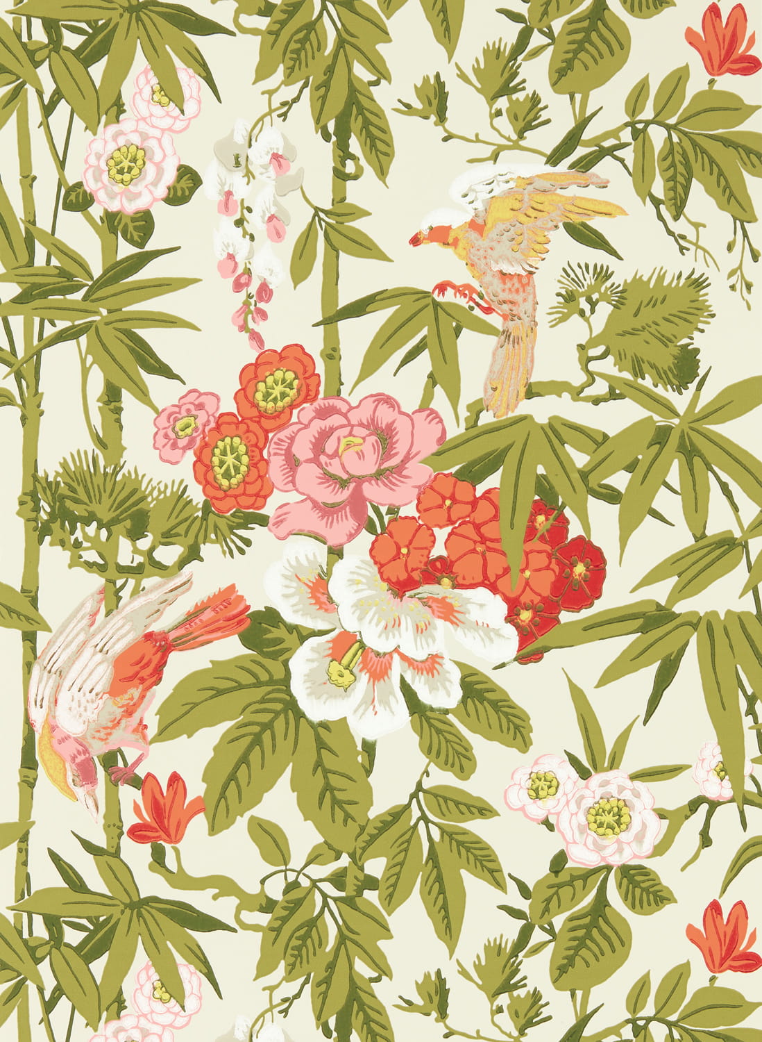 Tapete Bamboo and Birds - Mandarin Red/ Olive