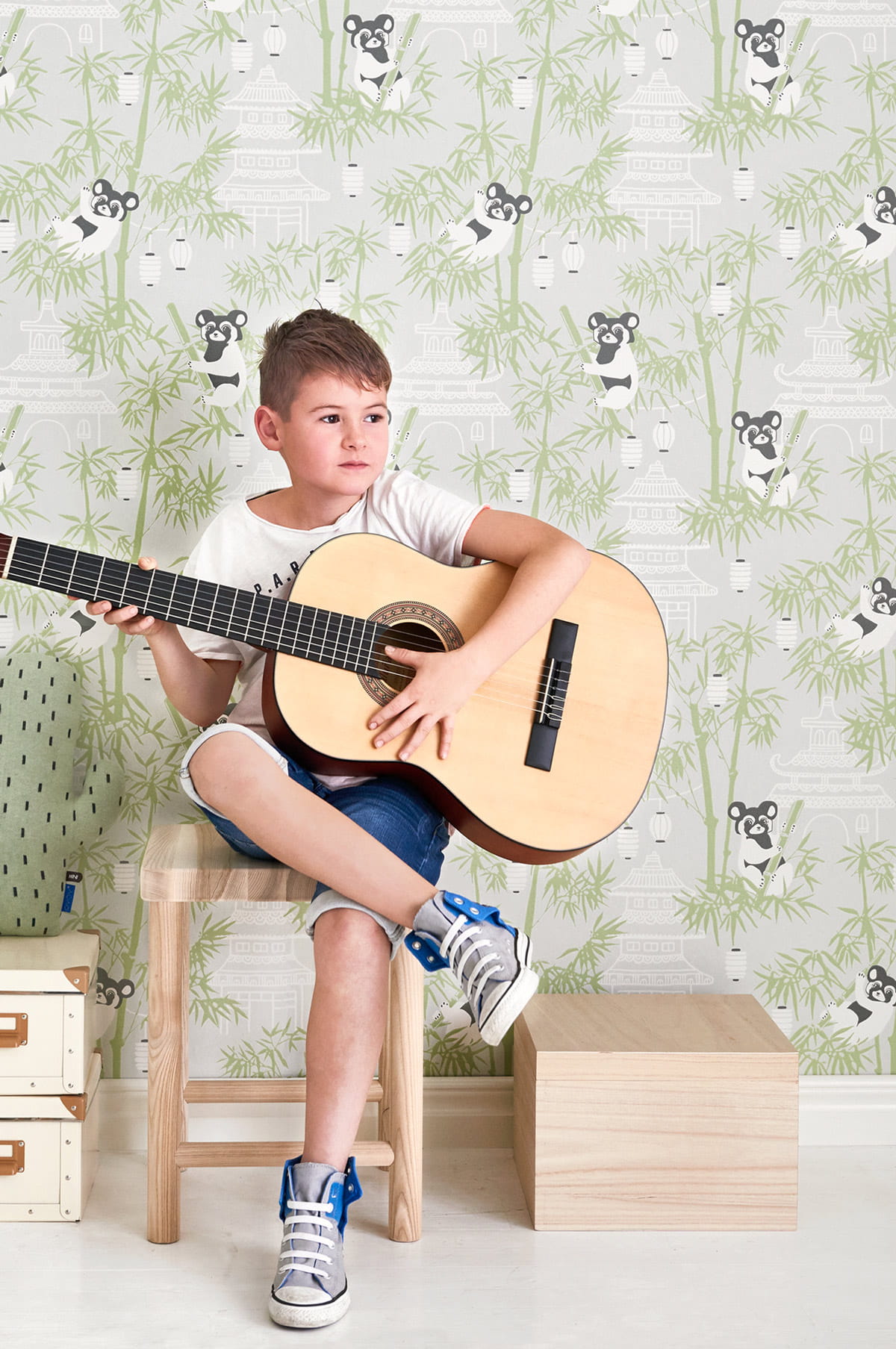 Wallpaper Bambu - Light Grey/ Green/ Soft Black/ Cream White