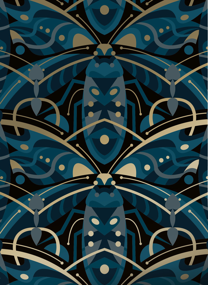 Tapete Art Deco Animaux Beetle Gold - Blue