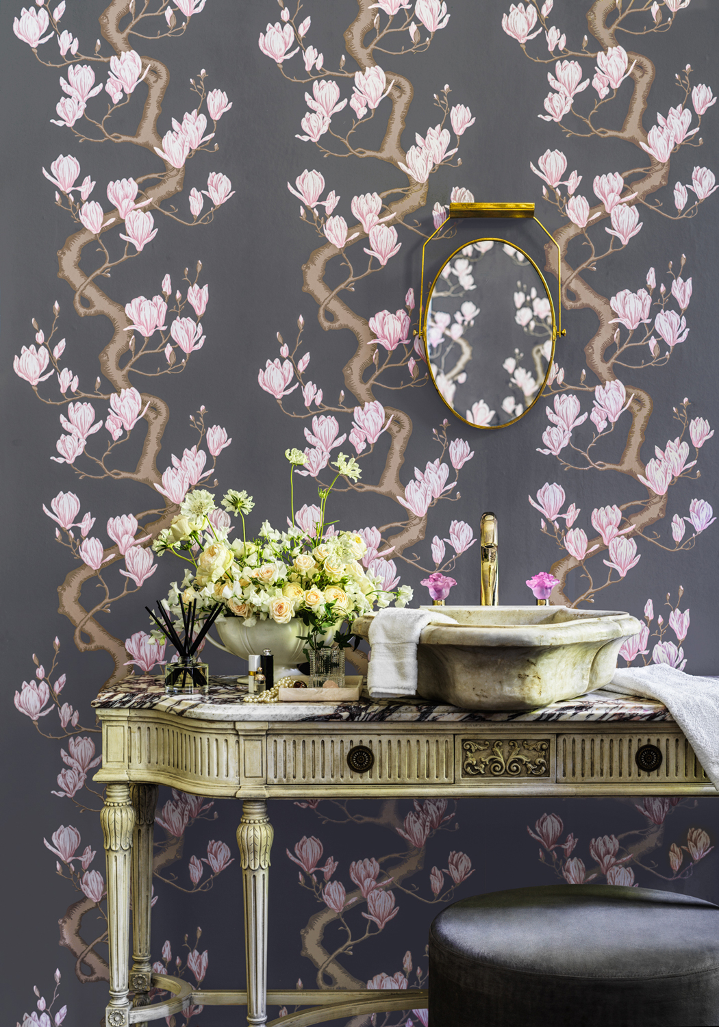 Tapete Magnolia Tree - Charcoal and Soft Pink