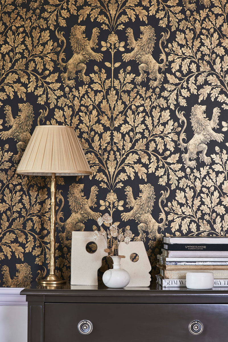 Tapete Boscobel Oak - Metallic Antique Gold on Black