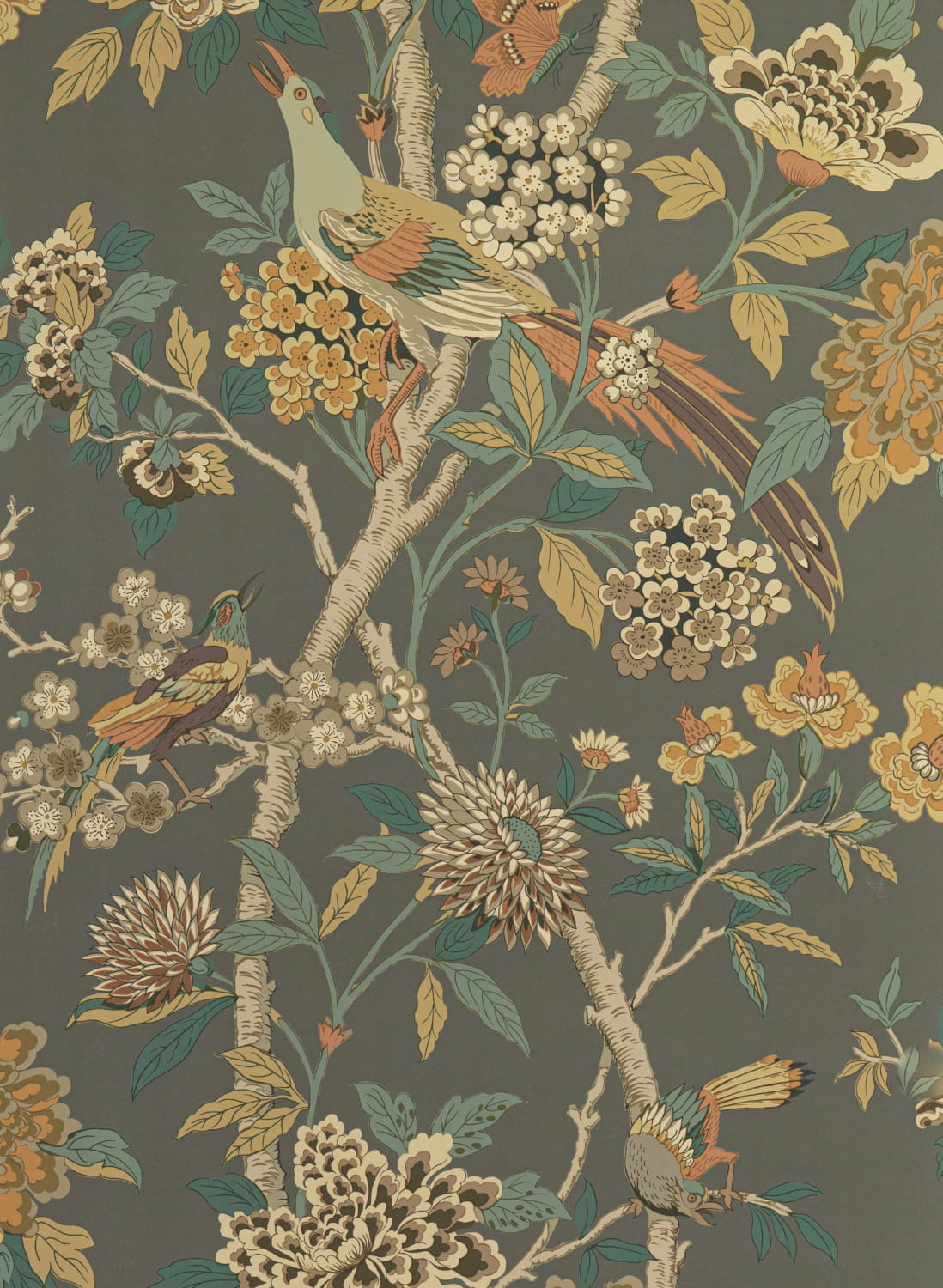Tapete Hydrangea Bird - Charcoal/ Sienna