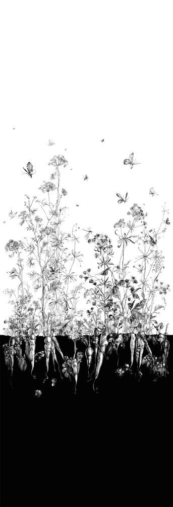 Tapete Lièvres/Fenouil/Tournesol - Blanc et Noi - Fenouil Sauvage Gauche - Blanc et Noir