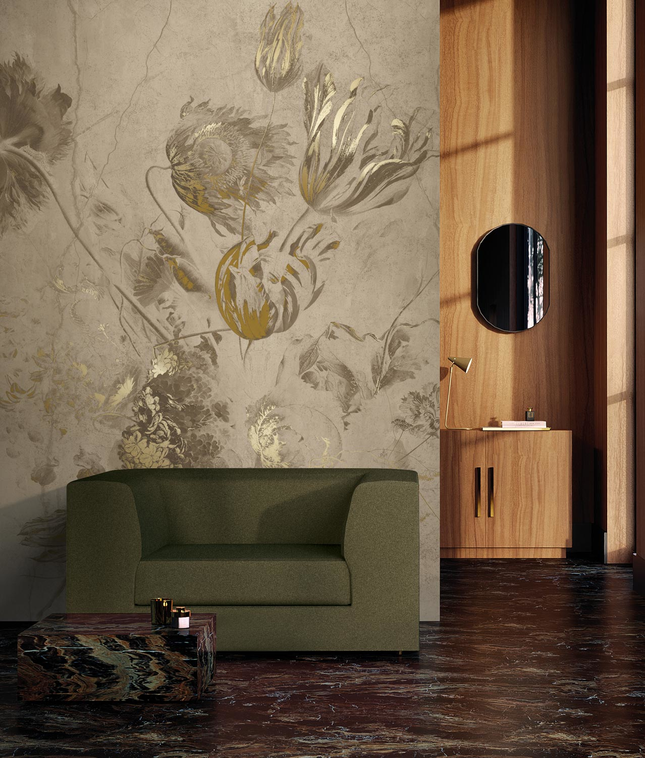 Wandbild Fresco Flowers Uyterlinde - Beige 195 cm