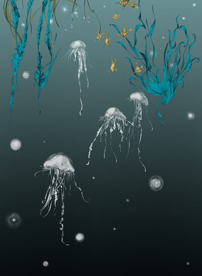 Tapete Nautilus/ Méduses/ Nénuphars - Noir - Méduses gauche - Noir