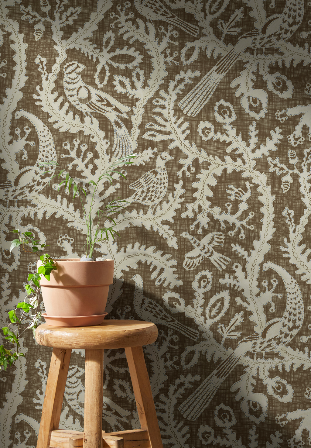 Tapete Stitched Birds - Brown