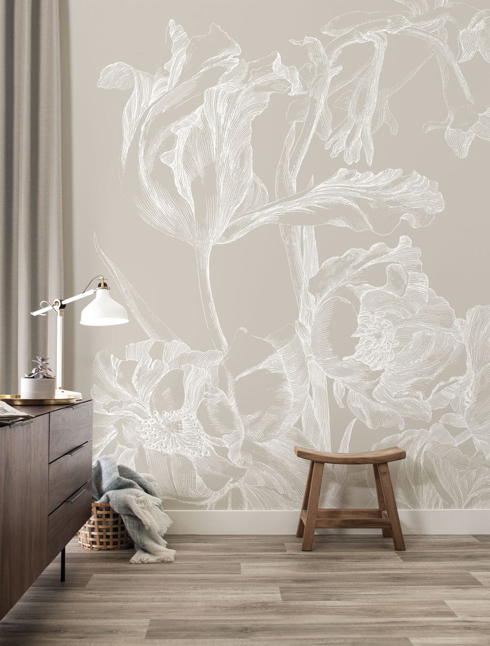Wandbild Engraved Flowers Grey 1 - L - 3m