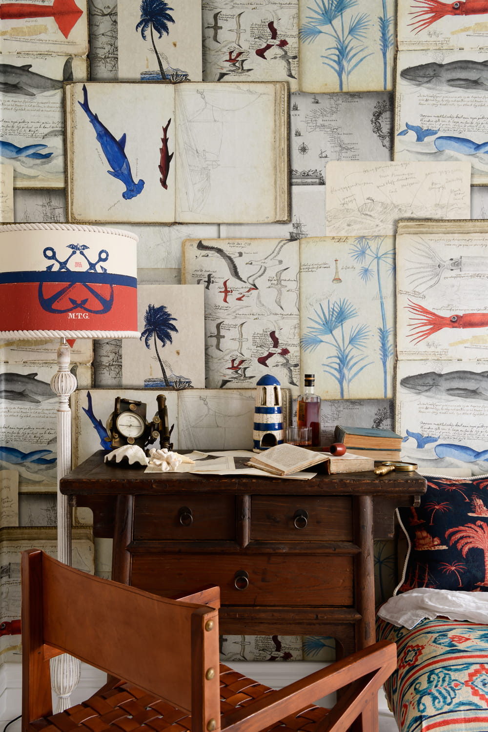 Wallpaper Seamans Journal - Taupe/ Indigo/ Red/ Black