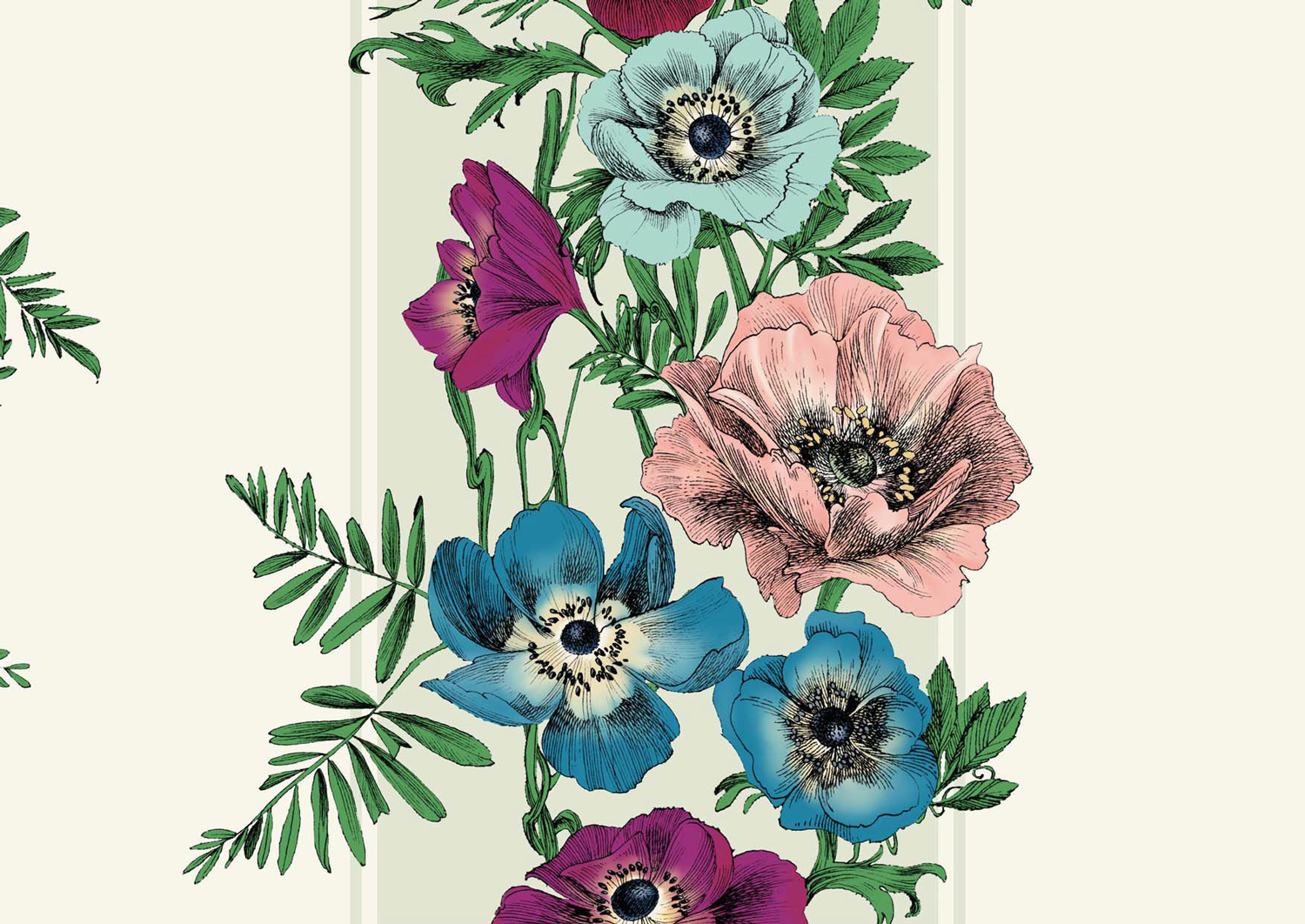 Tapete Rayure d'Anémones - Fuschia/ Bleu