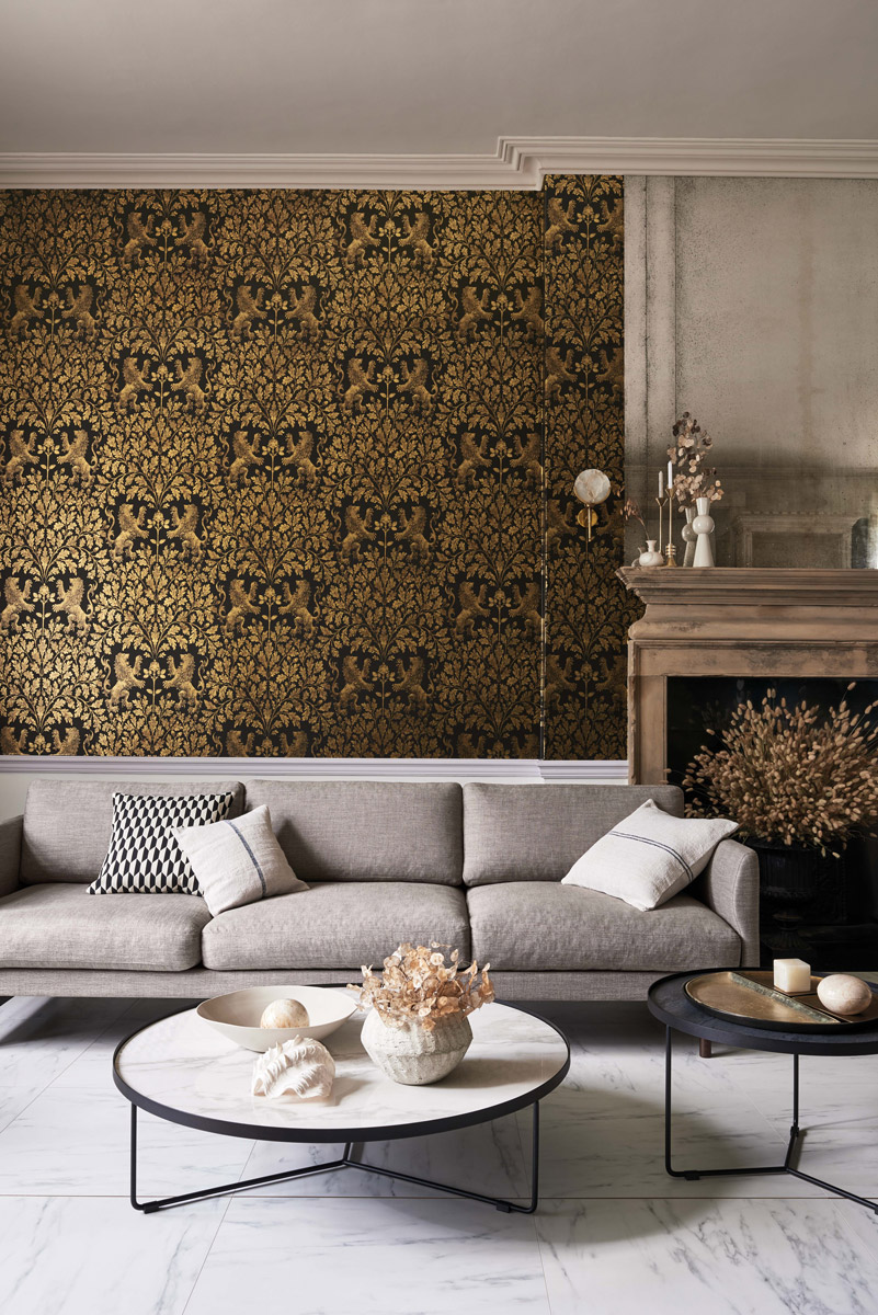 Tapete Boscobel Oak - Metallic Antique Gold on Black