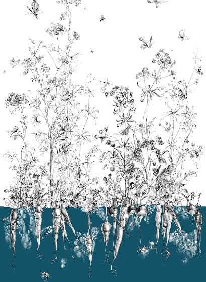 Tapete Lièvres/Fenouil/Tournesol - Bleu - Fenouil Sauvage Gauche - Bleu