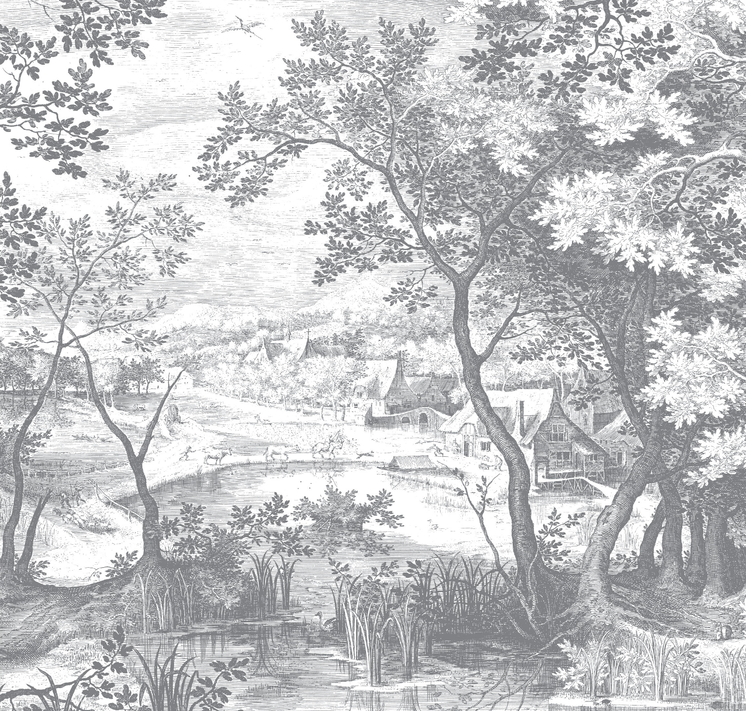 Wandbild Engraved Landscapes 7 - BW - 2.922m Breite