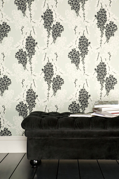 Papier peint Wisteria - Vert de Terre/ Joa's White/ Off-Black