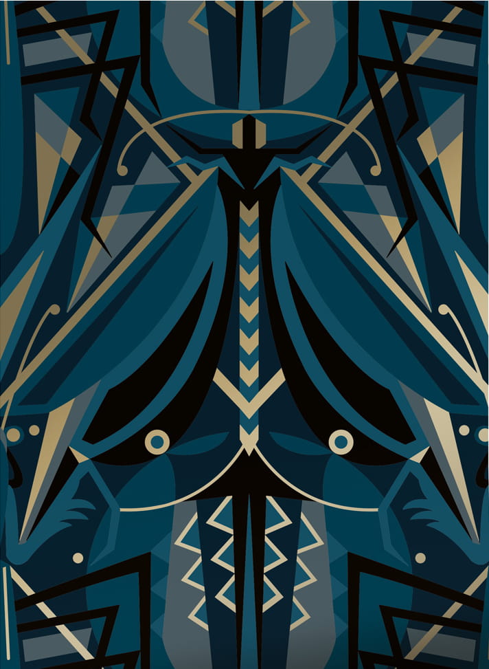 Tapete Art Deco Animaux Grasshopper Gold - Blue