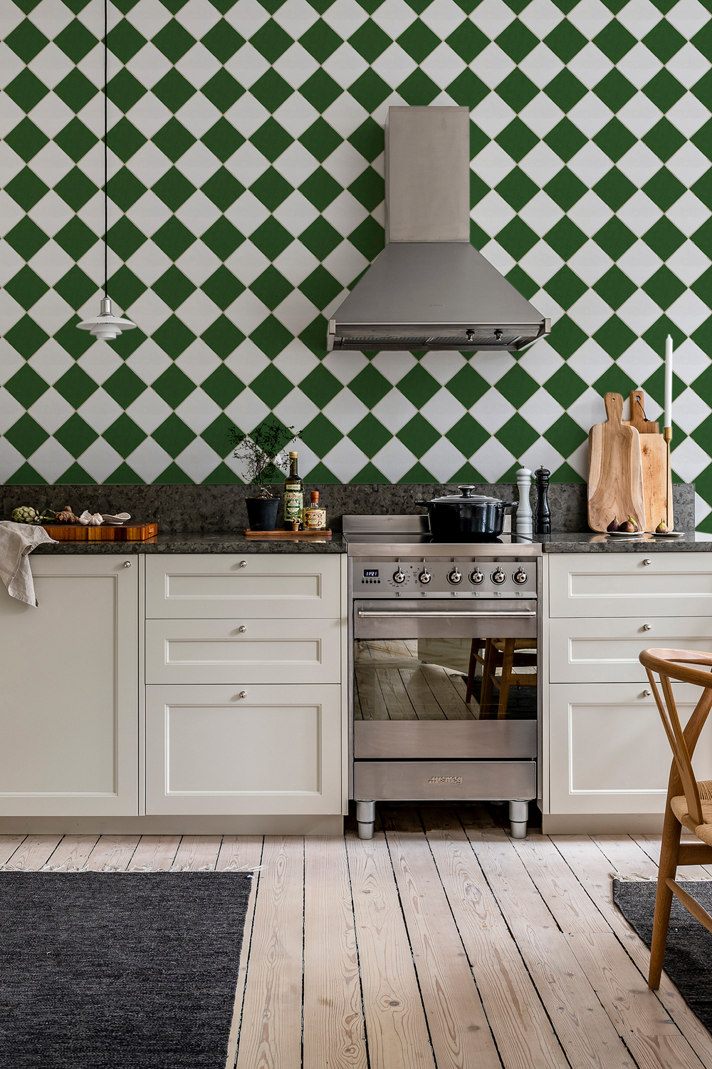 Tapete Checkered Tiles - White/ Green