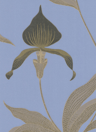Tapete Orchid - Charcoal, Taupe & Metallic Gold on Hyacinth Blue