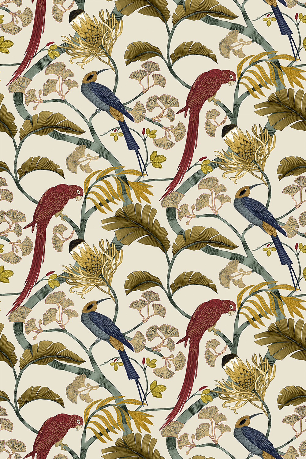 Tapete Living Branches - Red, Turquoise and Ecru