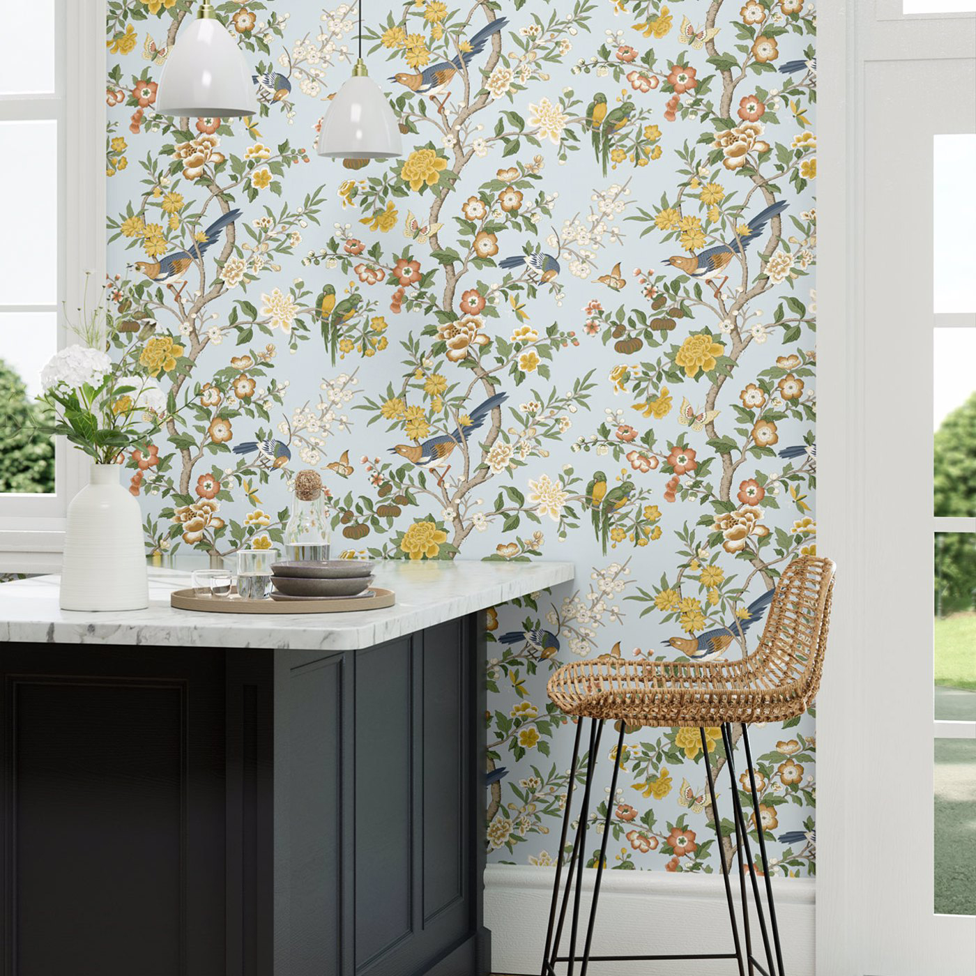 Tapete Chinoiserie Hall - Dawn Blue/ Persimmon