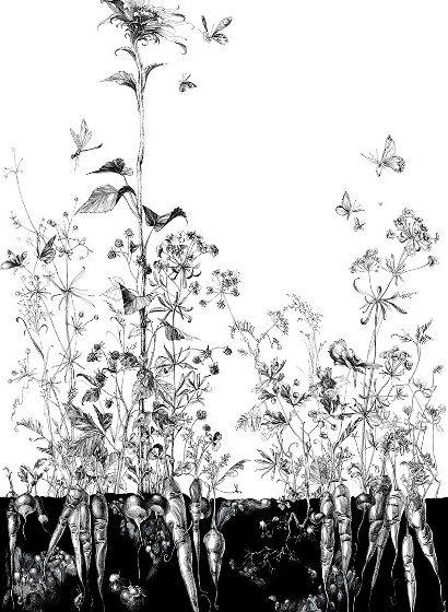 Tapete Lièvres/Fenouil/Tournesol - Blanc et Noi - Tournesol Gauche - Blanc et Noir