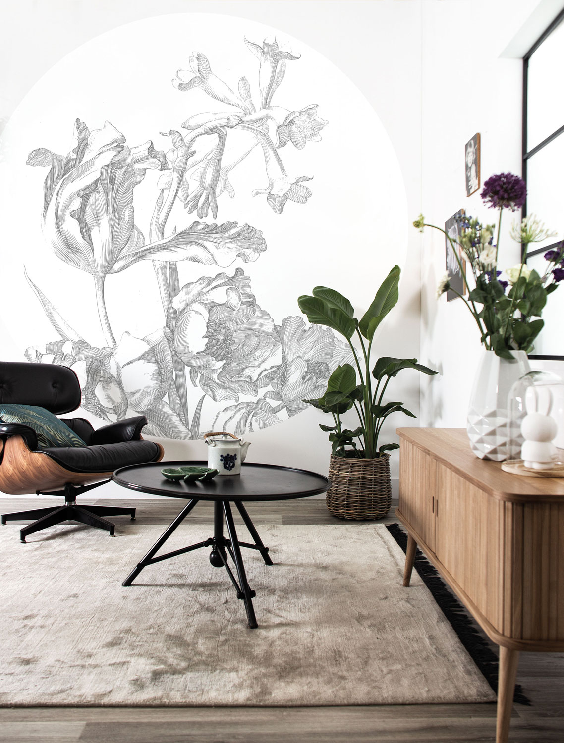 Wandbild Engraved Flowers 4 Circle - L - 2.375m