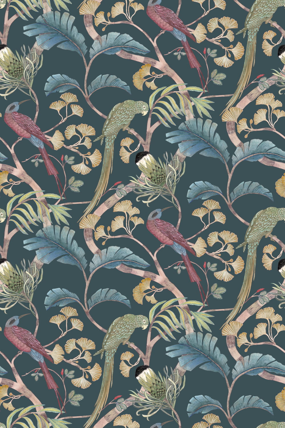 Tapete Living Branches - Dark Teal/ Yellow/ Olive