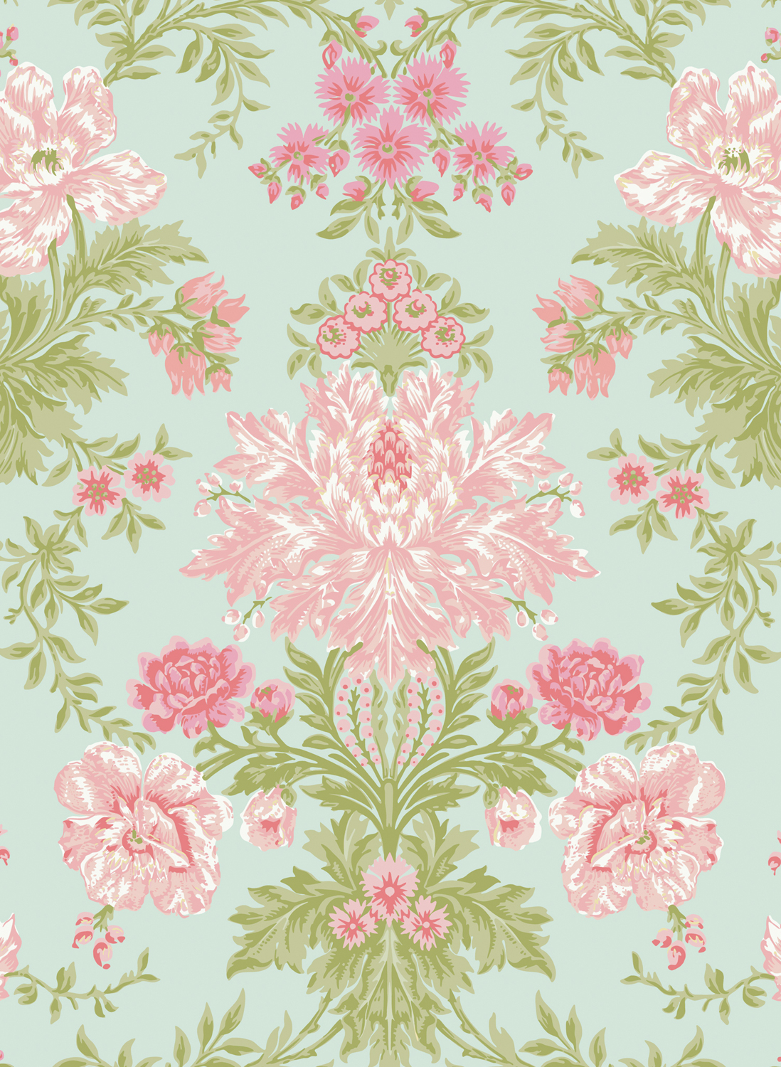 Tapete Poppies - Soft Pink/ Blush and Soft Green on Mint