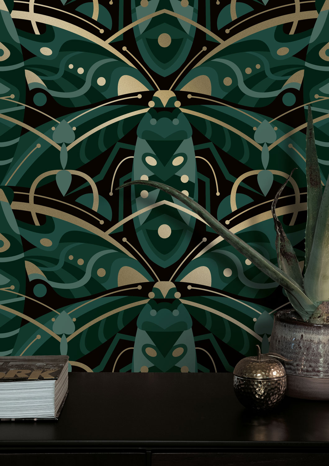 Tapete Art Deco Animaux Beetle Gold - green