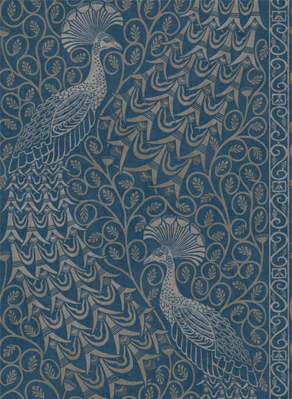 Tapete Pavo Parade - Metallic Silver on Denim