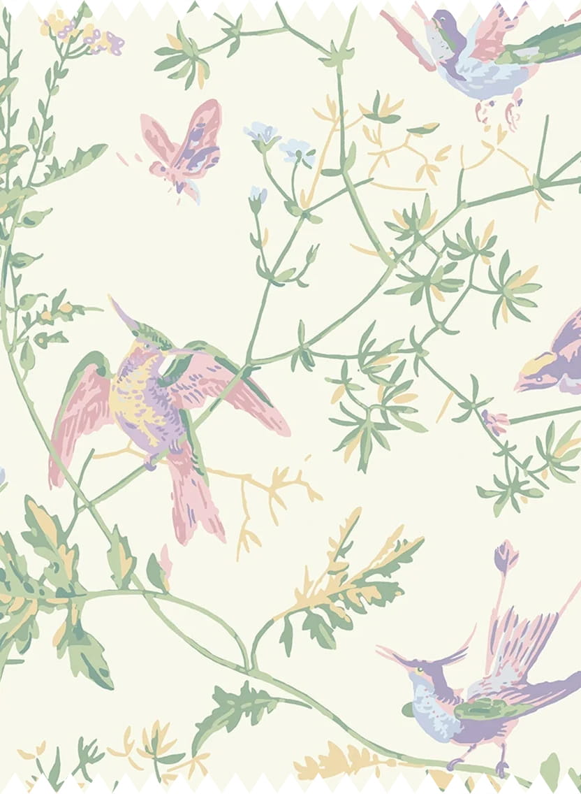 Stoff Hummingbirds Cotton - Blush Sage/  Mulberry on Cream