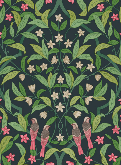 Tapete Jasmine & Serin Simphony - Rose on Dark Viridian