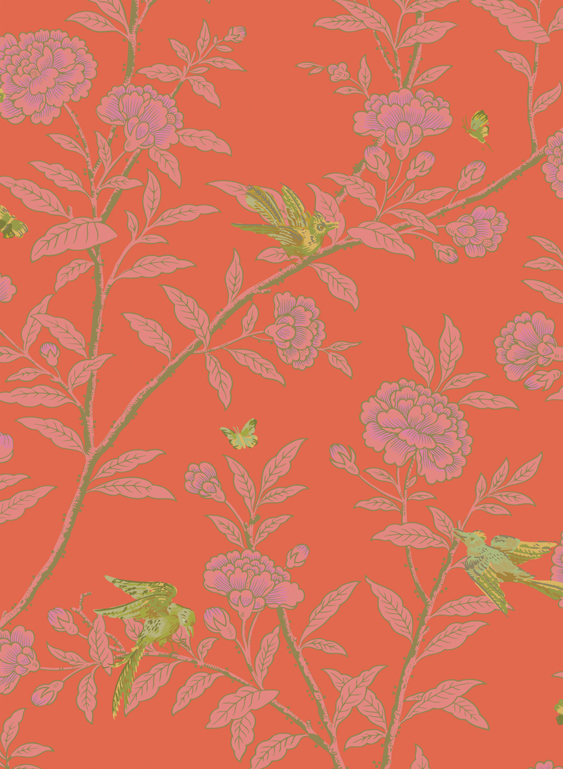 Tapete Roseberry with Birds - Vermillion