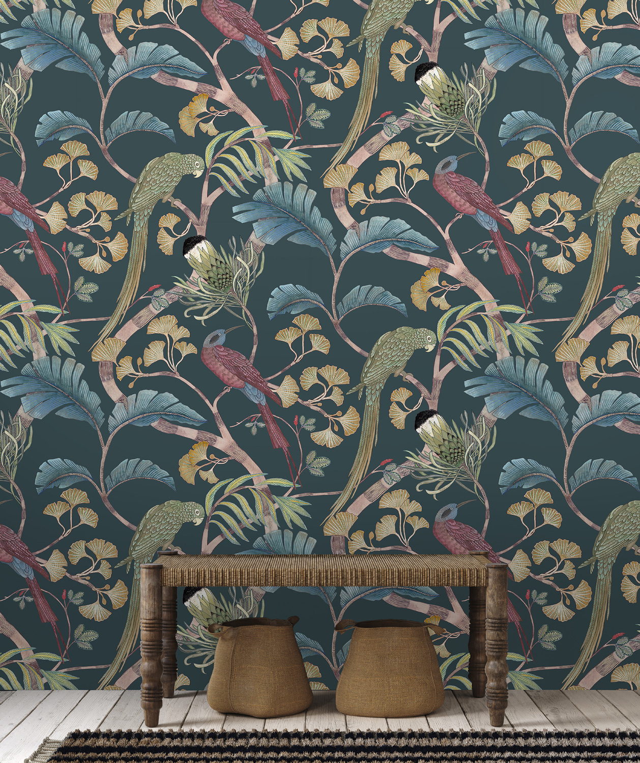 Tapete Living Branches - Dark Teal/ Yellow/ Olive