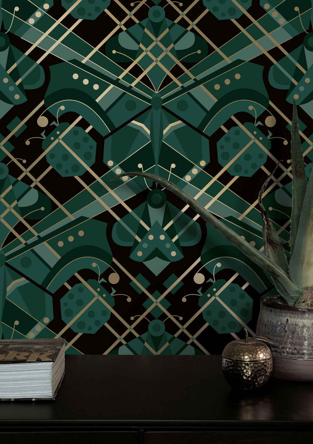 Tapete Art Deco Animaux Butterfly Gold - green