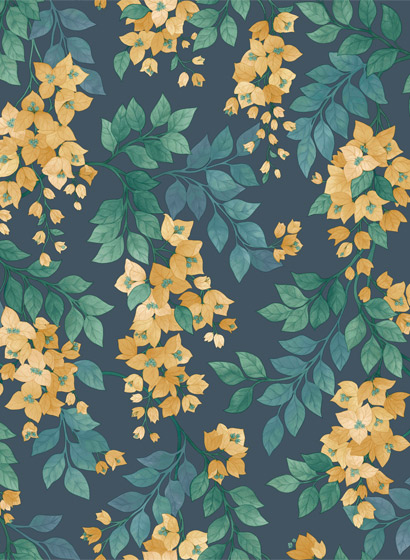 Tapete Bougainvillea - Ochre & Petrol on Ink
